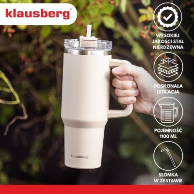 STALOWY KUBEK TERMICZNY TERMOS 1100ml Z RĄCZKĄ I SŁOMKĄ KLAUSBERG KB-7944