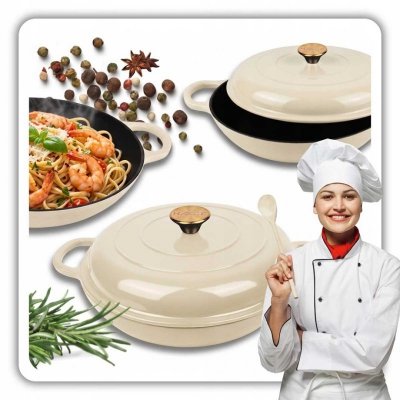 EMALIOWANY GARNEK ŻELIWNY PŁASKI 30cm 3L HAGE CREAM