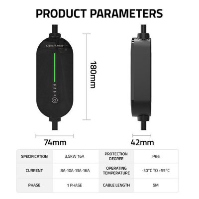 Mobilna ładowarka do samochodu elektrycznego EV z regulacją 2w1  Typ2 | 3.5kW | 230V | LCD | LED | 5m