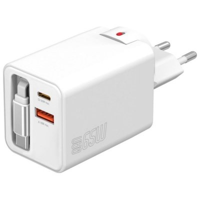 Ładowarka sieciowa Flex Jojo 65W GaN 2xUSB-C + USB-A Biała       rozwijany wbudowany kabel