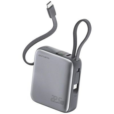 Powerbank Pocket Dual Cord 10000mAh 22,5W z wbudowanym kablem USB-C 15cm Szary