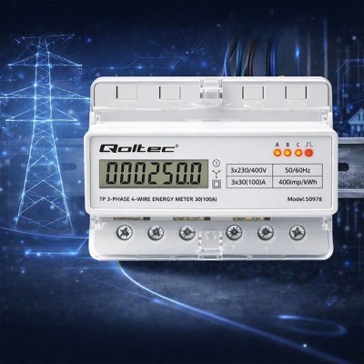 Trójfazowy elektroniczny licznik | miernik zużycia energii na szynę DIN | 400V | 100A | LCD | LED | 7P