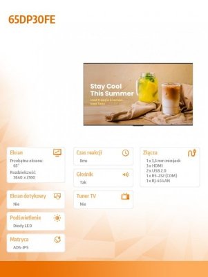 Monitor 65DP30FE 65 cali 4K UHD ADS Digital Signage Display 16/7