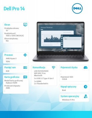 Dell Laptop Dell Pro 14 PC14255/AMD Ryzen 3 210/8GB/512GB SSD/14.0 FHD+/AMD Radeon 740M/FgrPr/Cam & Mic/WLAN + BT/Backlit Kb/3 C