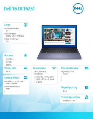 Dell Laptop Dell 16 DC16251 W11P C7-150U/16GB/512GB/16.0 FHD+/Int/FgrPr/WLAN + BT/Backlit Kb/4 Cell/3YPS Midnight Blue
