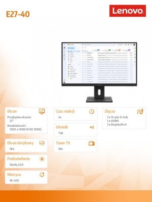 Monitor 27.0 ThinkVision E27-40 WLED LCD 64BCMAT4EU