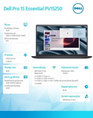 Dell Laptop Dell Pro 15 Essential PV15250 W11P i5-1334U|8GB|512GB|Intel UHD|FgrPr|WLAN+BT|15.6 FHD|BcklKb|3C|65W|3YPS Carbon Bla