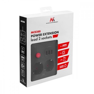 Maclean Listwa zasilająca MCE388 B 2 gniazda, 3xUSB, 110-120V AC 50/60Hz, 2.1A max 2500W, 3m czarna