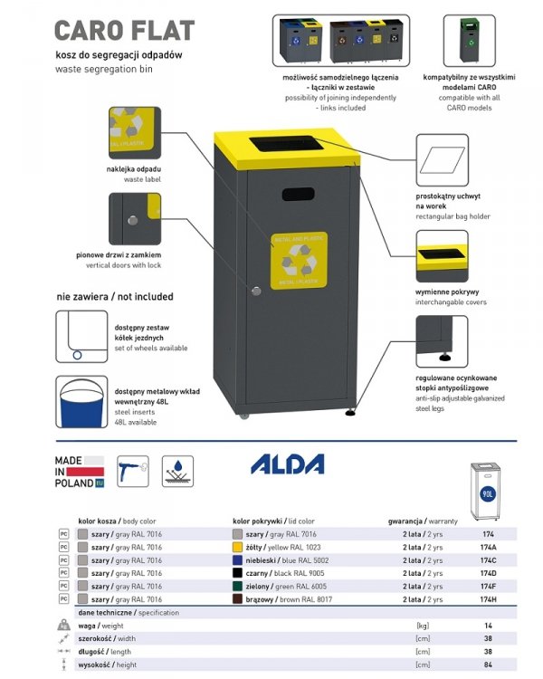 Kosz do segregacji CARO Flat 90L papier z daszkiem, drzwiami i funkcją łączenia