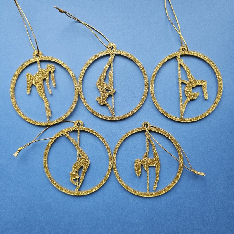 Gold Glitter Pole Dance Christmas Ornament Set of 5, showing various dancer poses on a blue background. Poledance Christmas Decor
