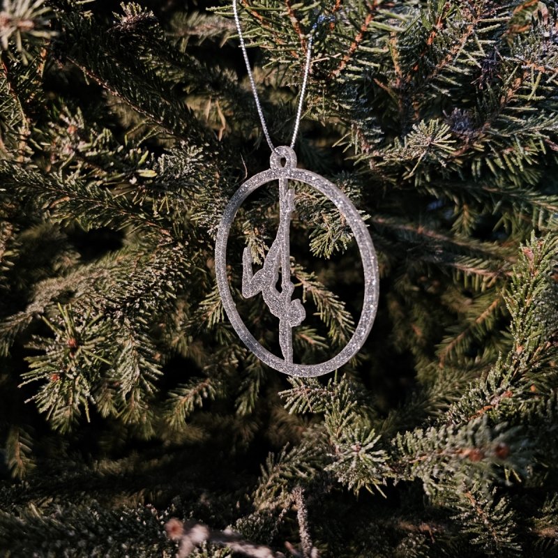 Amira Perun Silver Glitter Pole Dance Ornament Pose 3 beautifully displayed on the tree