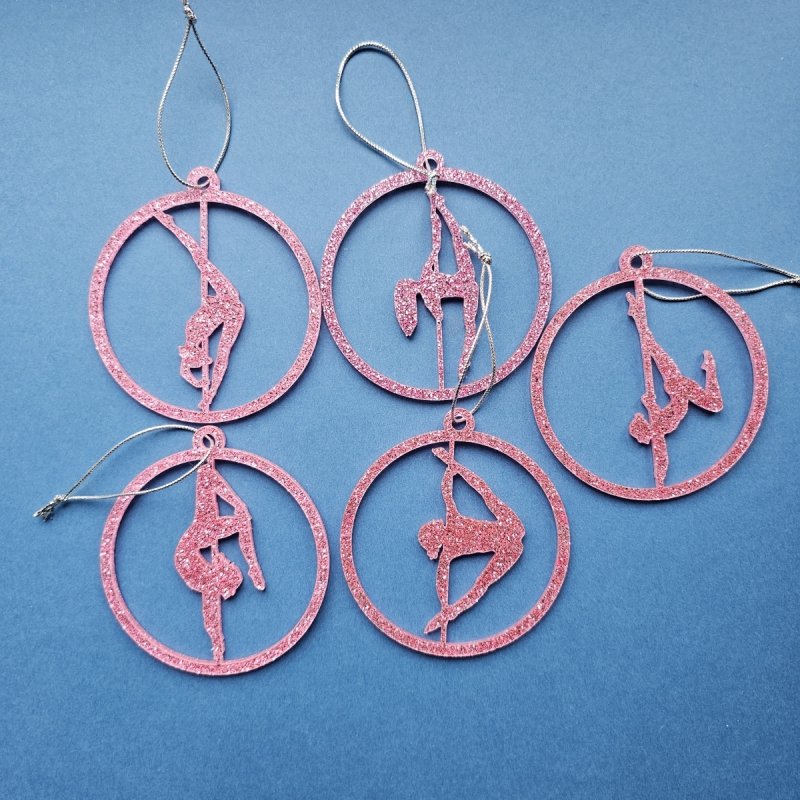 Set of 5 Pink Glitter Pole Dance Ornaments by Amira Perun. Luxury Poledance Christmas Decor