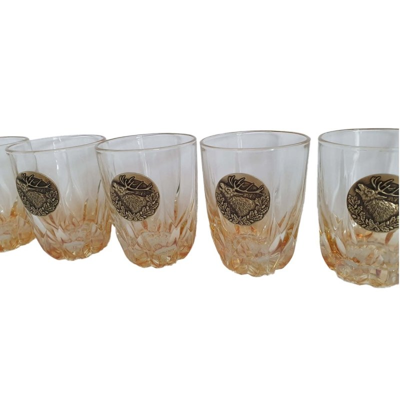 Szklanki do whisky Golden Fox Fire Amber Jeleń zdobione odlewanym elementem, bursztynowy natrysk 6 szt.