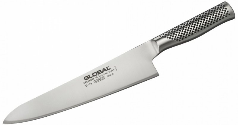 Nóż Szefa Kuchni Global G-16 - Lekki, szeroka klinga ze stali CROMOVA 18, ergonomiczna rękojeść - 24 cm - Global