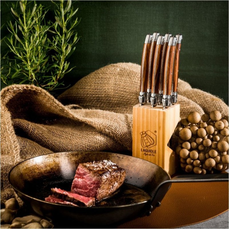 Nóż Laguiole do steków z stali nierdzewnej 6 sztuk w bloku drewnianym