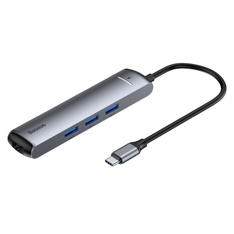BASEUS HUB adapter przejściówka Typ C na 3x USB3.0 / HDMI / Typ C (Power Delivery) / Ethernet RJ45 szary CAHUB-J0G.