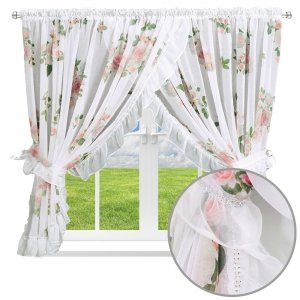 Firana z etaminy w kwiatowy wzór z falbanką - Rozalia 200X150