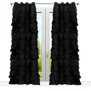 Firana gotowa Aurora 145x250 – czarna na przelotkach, 17 rzędów falban 