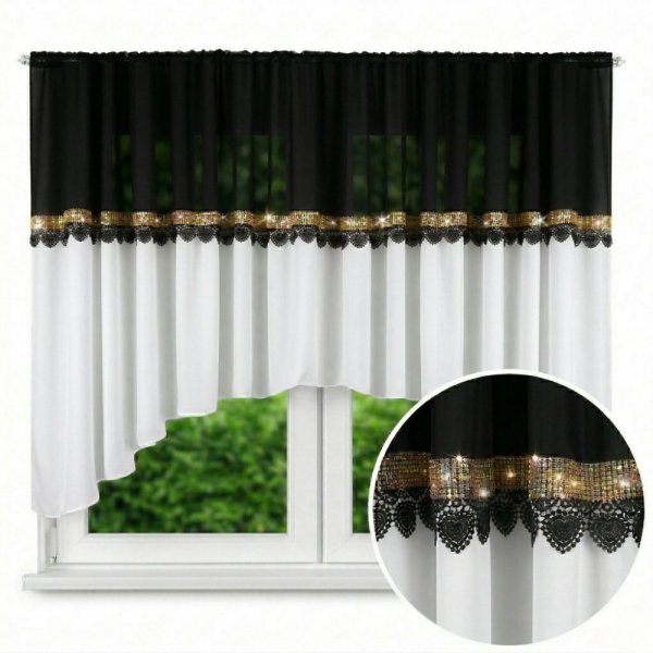 Ekskluzywna firana woalowa Margot z czarną gipiurą w kształcie serc.