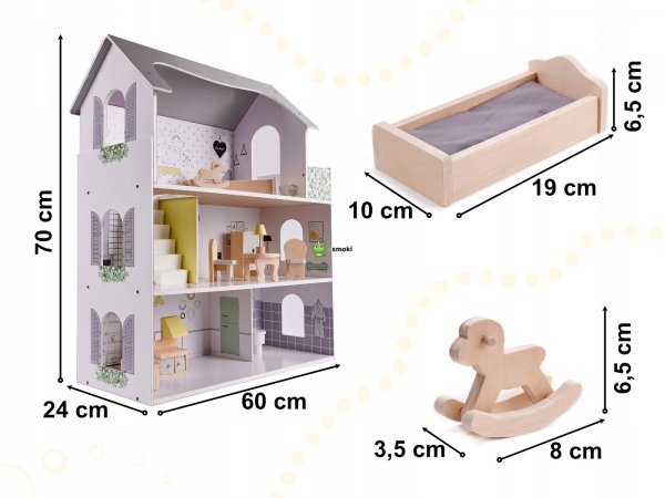DUŻY drewniany Domek dla lalek + meble 70cm + GRATIS