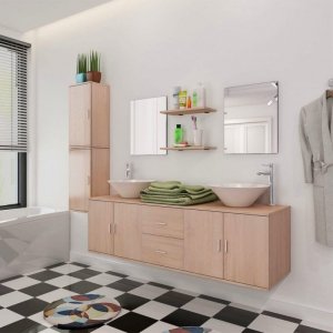 9 elementowy zestaw beżowych mebli łazienkowych i umywalka
