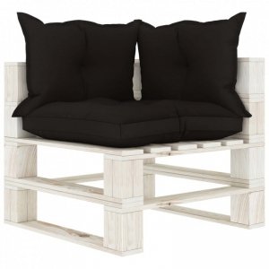 Ogrodowe siedzisko narożne z palet, czarne poduszki, drewniane