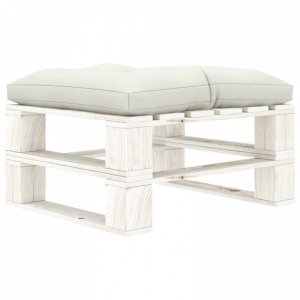 Ogrodowy stołek z palet z beżową poduszką, drewniany