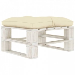 Ogrodowy stołek z palet z kremową poduszką, drewniany