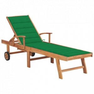 Leżak z zieloną poduszką, lite drewno tekowe