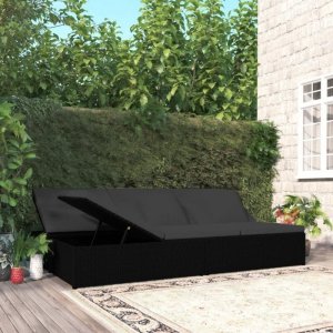 Rozkładane łóżko ogrodowe z poduszką, polirattan, czarne