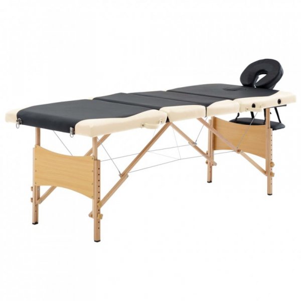 Składany stół do masażu, 4 strefy, drewniany, czarno-beżowy
