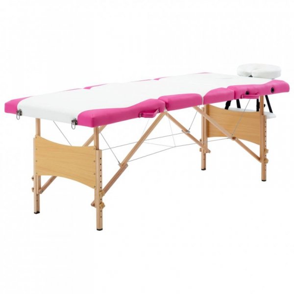 Składany stół do masażu, 4 strefy, drewniany, biało-różowy