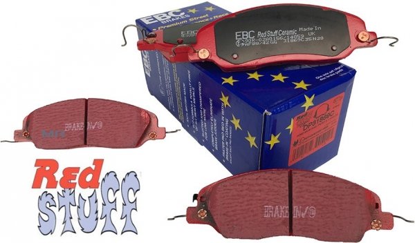 Przednie CERAMICZNE klocki RedStuff + WIERCONE NACINANE tarcze hamulcowe 293mm EBC serii GD Ford Mustang 2005-2010