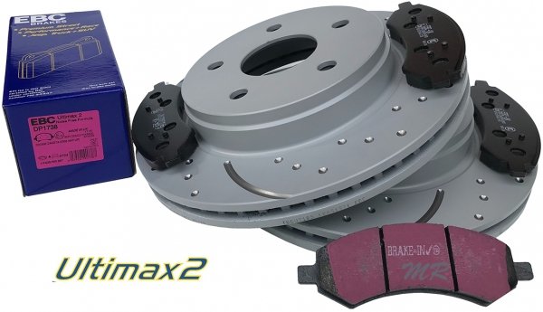 Przednie klocki Ultimax2 + nawiercone nacinane tarcze hamulcowe EBC seria GD Dodge RAM 1500 2006-
