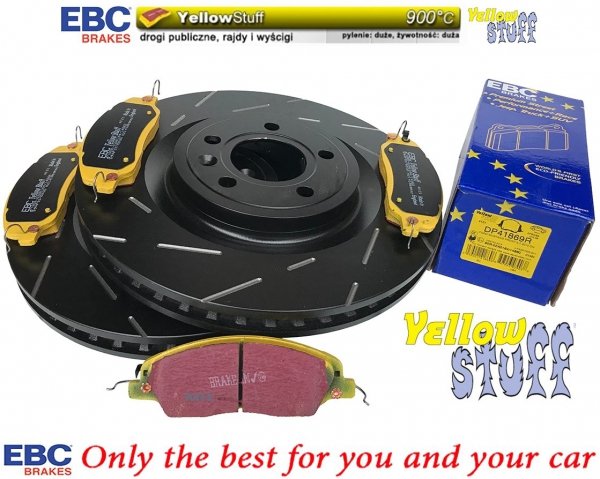 Przednie klocki YellowStuff + NACINANE tarcze hamulcowe 336mm EBC seria USR Ford Mustang 2011-2014