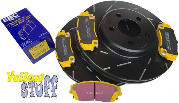 Przednie klocki YellowStuff + NACINANE tarcze hamulcowe 320mm EBC seria USR Lancia Thema RWD V6