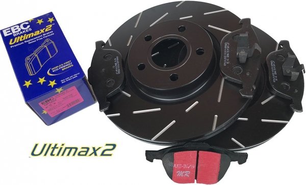 Przednie klocki Ultimax2 + NACINANE tarcze hamulcowe 300mm EBC seria USR Ford Kuga FWD 2013-2019
