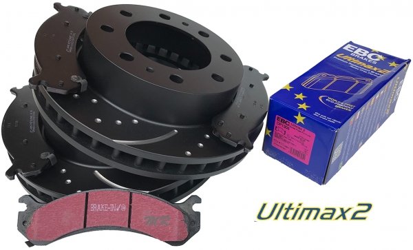 Przednie klocki Ultimax2 + NAWIERCANE NACINANE tarcze hamulcowe EBC seria GD Chevrolet Avalanche 2500 2002-2006