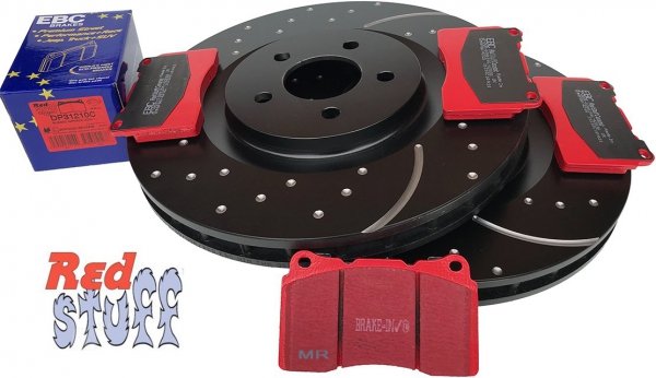 Przednie CERAMICZNE klocki RedStuff + NAWIERCANE NACINANE tarcze hamulcowe 355mm EBC seria GD Ford Mustang 2005-2014