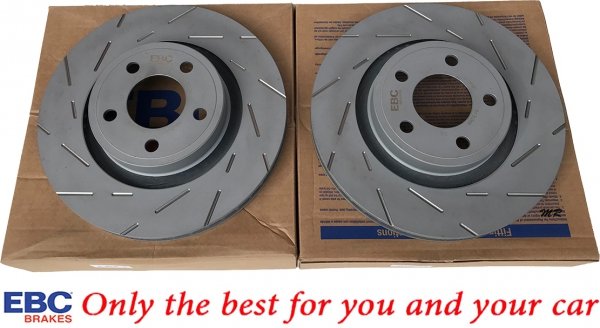 Przednie klocki YellowStuff + NACINANE tarcze hamulcowe 320mm EBC seria USR Ford Mustang 2015-