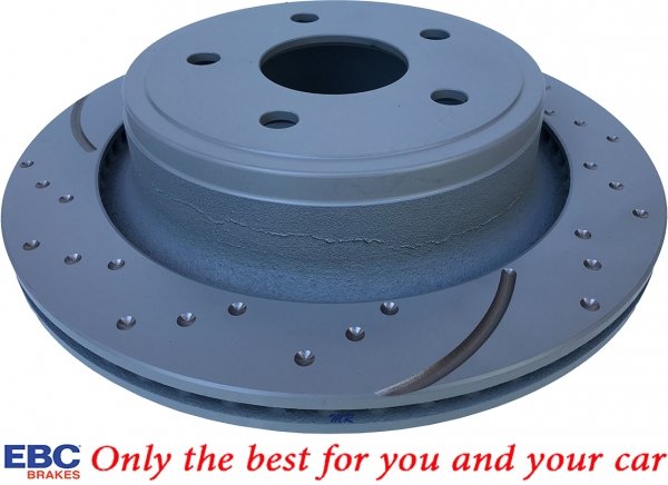 Tylne klocki Ultimax2 + nawiercone nacinane tarcze hamulcowe EBC seria GD Dodge RAM 1500 2003-