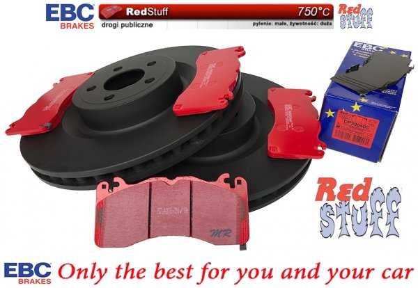 Przednie CERAMICZNE klocki RedStuff + tarcze hamulcowe EBC seria PREMIUM Ford Mustang 5,0 V8 2015-