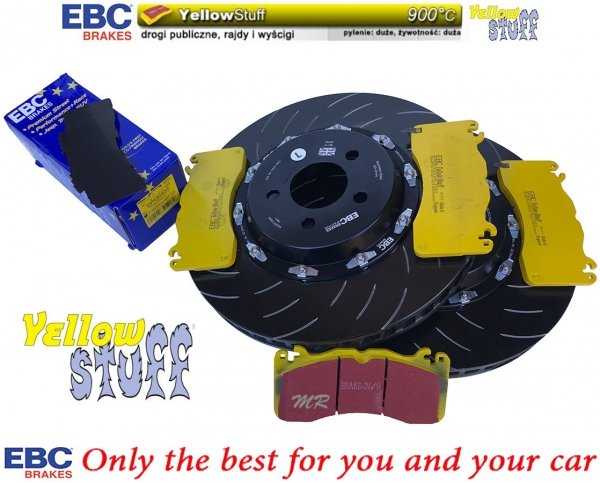Przednie klocki YellowStuff + SPORTOWE PŁYWAJĄCE tarcze EBC seria SG Racing Ford Mustang 5,0 V8 2015-