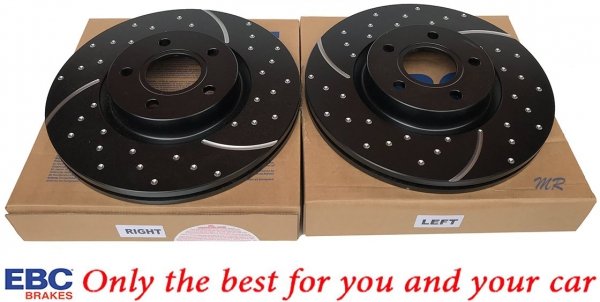 Przednie CERAMICZNE klocki RedStuff + NAWIERCANE NACINANE tarcze hamulcowe 300mm EBC seria GD Ford Escape FWD 2013-2019