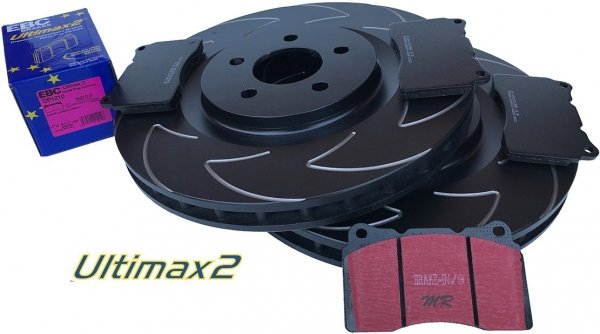 Przednie klocki Ultimax2 + NACINANE tarcze hamulcowe 355mm EBC seria BSD Ford Mustang 2005-2014