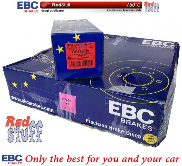 Przednie CERAMICZNE klocki RedStuff + tarcze hamulcowe EBC seria PREMIUM Ford Mustang 5,0 V8 2015-