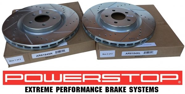 Przednie klocki + WIERCONE tarcze hamulcowe 355mm POWERSTOP Ford Mustang 2005-2014