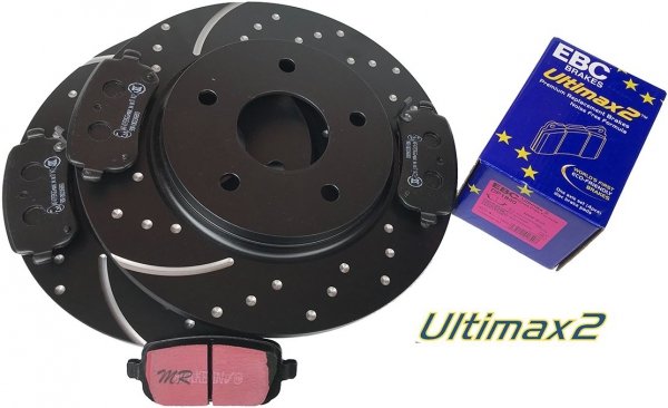 Tylne klocki Ultimax2 + NAWIERCANE NACINANE tarcze hamulcowe 305mm EBC seria GD Dodge Caravan 2008-