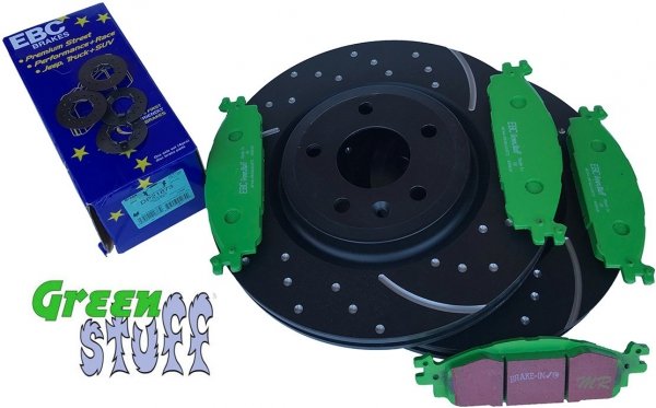 Przednie klocki GreenStuff + NAWIERCANE NACINANE tarcze hamulcowe 325mm EBC seria GD Lincoln MKS 2010-2012