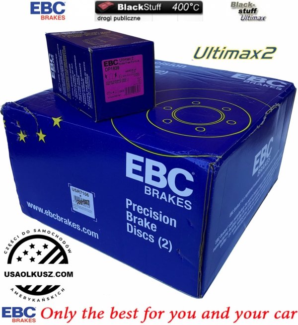 Tylne klocki Ultimax2 + nacinane tarcze hamulcowe EBC seria USR Dodge RAM 1500 2003-